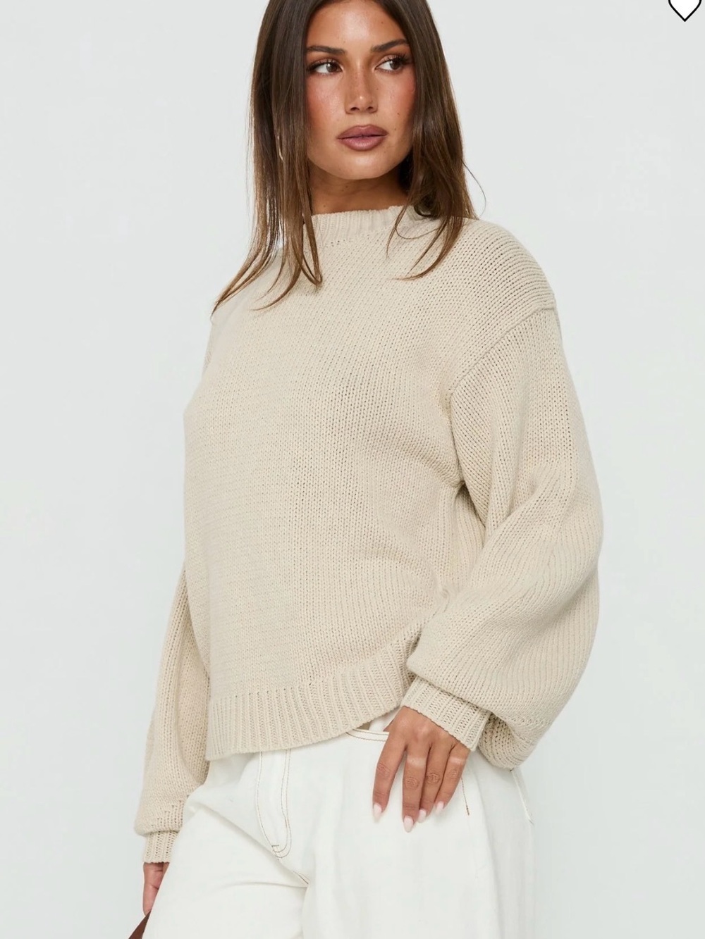 Candace Cameron Bure Colorblock Contrast Trim Knit Top Sweater Beige Blue XXS
